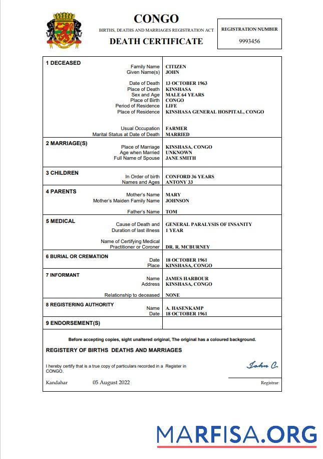 Printable Congo death certificate Word and PDF template